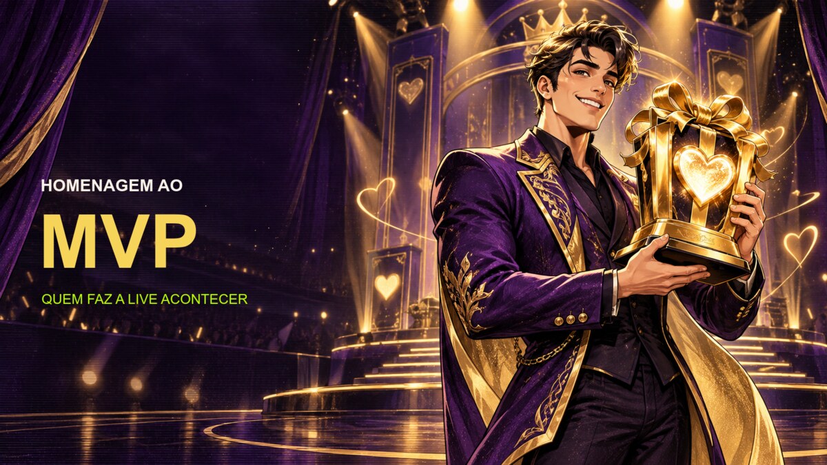 Personagem humano celebrando um MVP com um troféu dourado em um palco de live