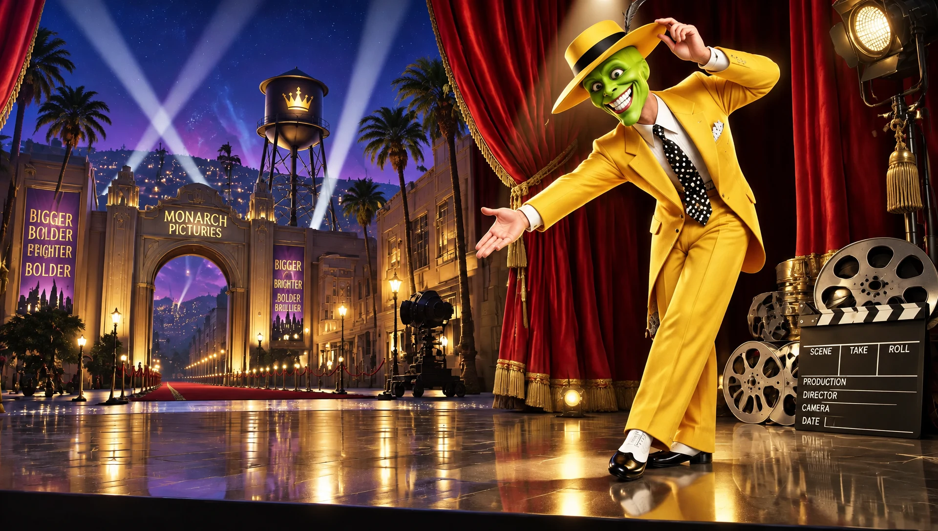 Personagem de terno amarelo e máscara verde se curvando no palco de um grande estúdio de cinema